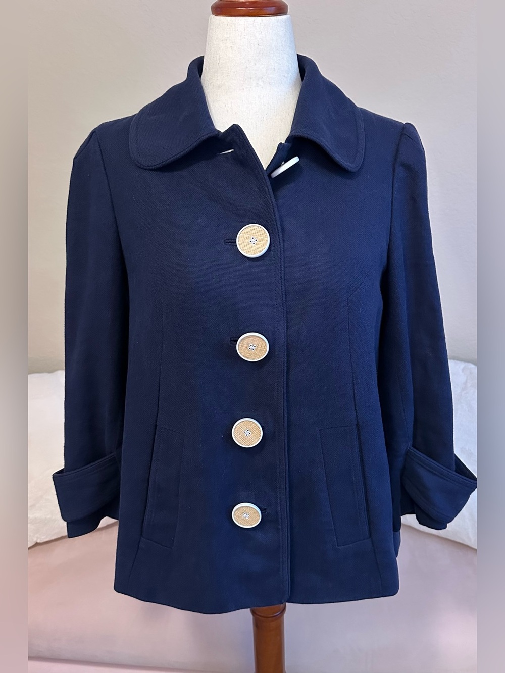 Lilly Pulitzer Pea Coat Jacket Navy Blue Linen Women’s 6 Nautical Classic Luxury